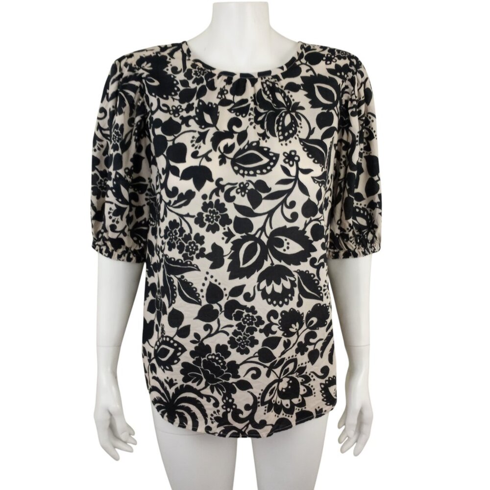 Ann Taylor Black Beige Floral Puff Sleeve Open Back Tie Neck Blouse